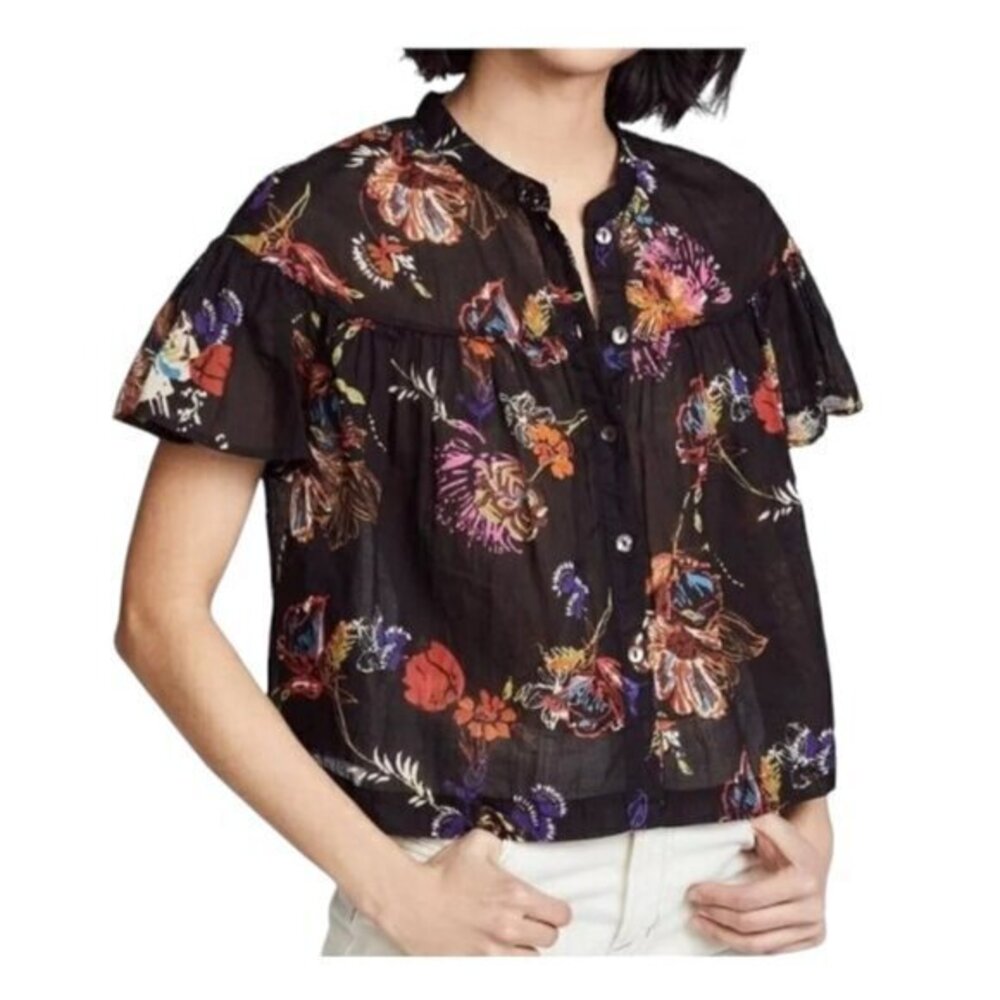 Free People Sweet Escape Black Tropical Floral Smocked Cropped Top Small EUC